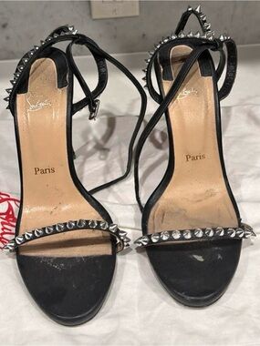 Christian Louboutin Black Leather Studded Ankle-Strap Heels